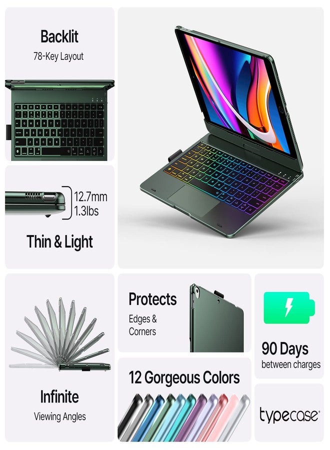 typecase جراب typecase Touch لجهاز iPad من الجيل التاسع مع لوحة مفاتيح (10.2 بوصة، 2021)، لوحة لمس متعددة اللمس، إضاءة خلفية بـ 10 ألوان، قابل للدوران 360 درجة، نحيف وخفيف الوزن لأجهزة iPad من الجيل الثامن والسابع وAir 3 وPro 10.5 (أخضر منتصف الليل) - Image 3